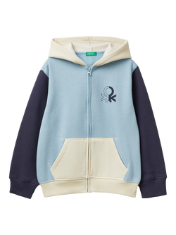 Benetton Kids' Cotton Blend Colour Block Hoodie, Blue/Multi, Blue/Multi