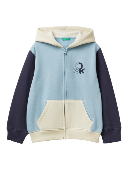 Benetton Kids' Cotton Blend Colour Block Hoodie, Blue/Multi, Blue/Multi