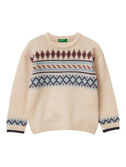 Benetton Kids' Stitch Detail Long Sleeve Jumper, Beige