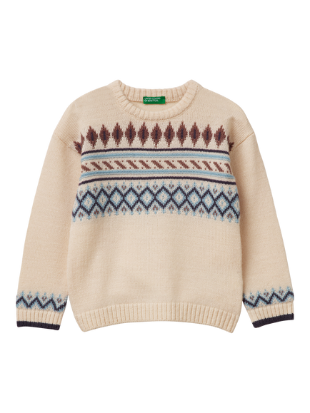 Benetton Kids' Stitch Detail Long Sleeve Jumper, Beige