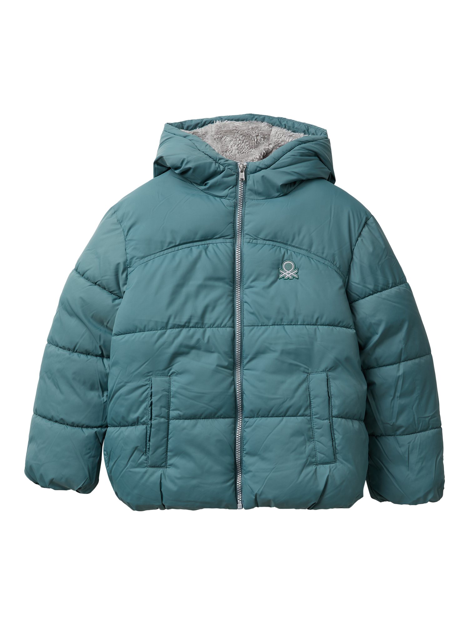 Product image 1 of 3, which shows Benetton Kids' Hooded Puffer Coat, Grey, 6-7 years