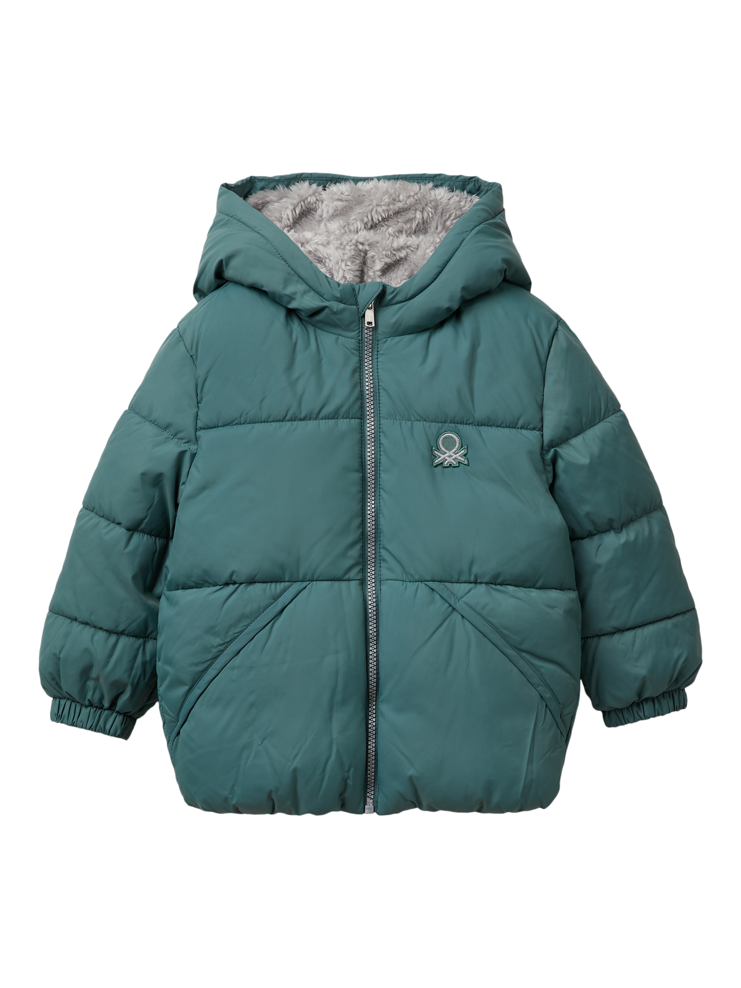 Product image 1 of 3, which shows Benetton Kids' Hooded Puffer Jacket, Grey, 3-4 years