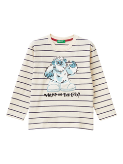 Benetton Kids' Long Sleeve Cotton Crew Neck T-Shirt, Cream/Multi