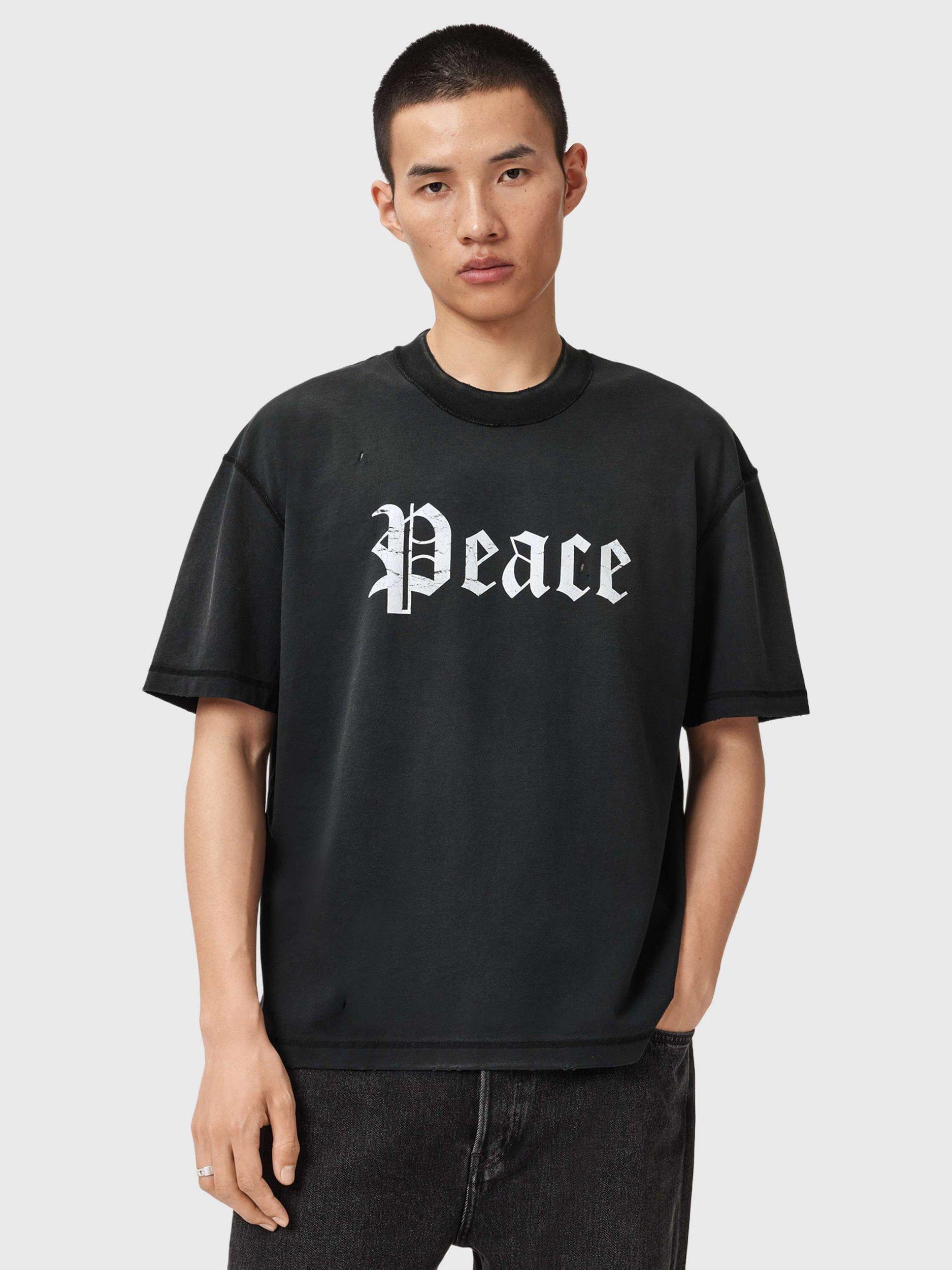 Product image 1 of 8, which shows AllSaints Utopia Cropped Slogan T-Shirt, Washed Black, L