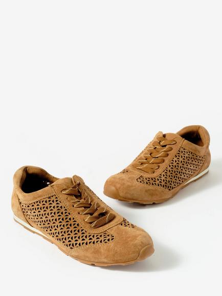 Mint Velvet Talia Suede Cut Out Trainers - view 2, Brown Tan