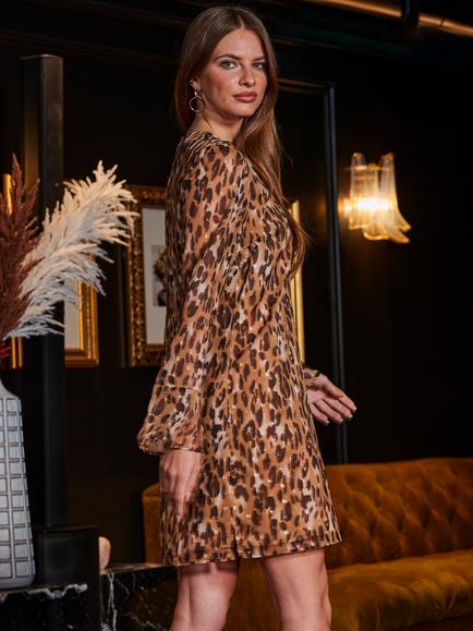 Sosandar Leopard Print Shift Dress, Brown - view 2, Brown