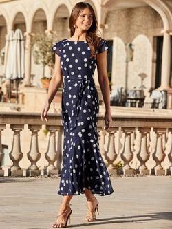 Sosandar Spot Print Frill Hem Midaxi Dress, Navy Blue, Navy Blue