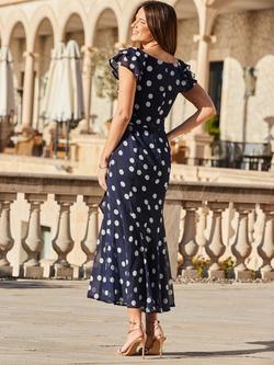 Sosandar Spot Print Frill Hem Midaxi Dress, Navy Blue - view 2, Navy Blue