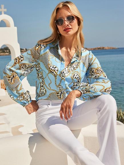 Sosandar Chain Print Chiffon Shirt, Blue, Blue