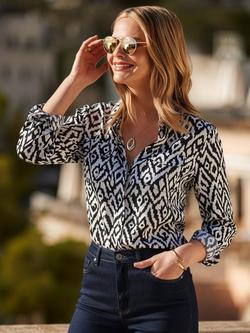 Sosandar Aztec Print Relaxed Utility Shirt, Navy Blue - view 2, Navy Blue