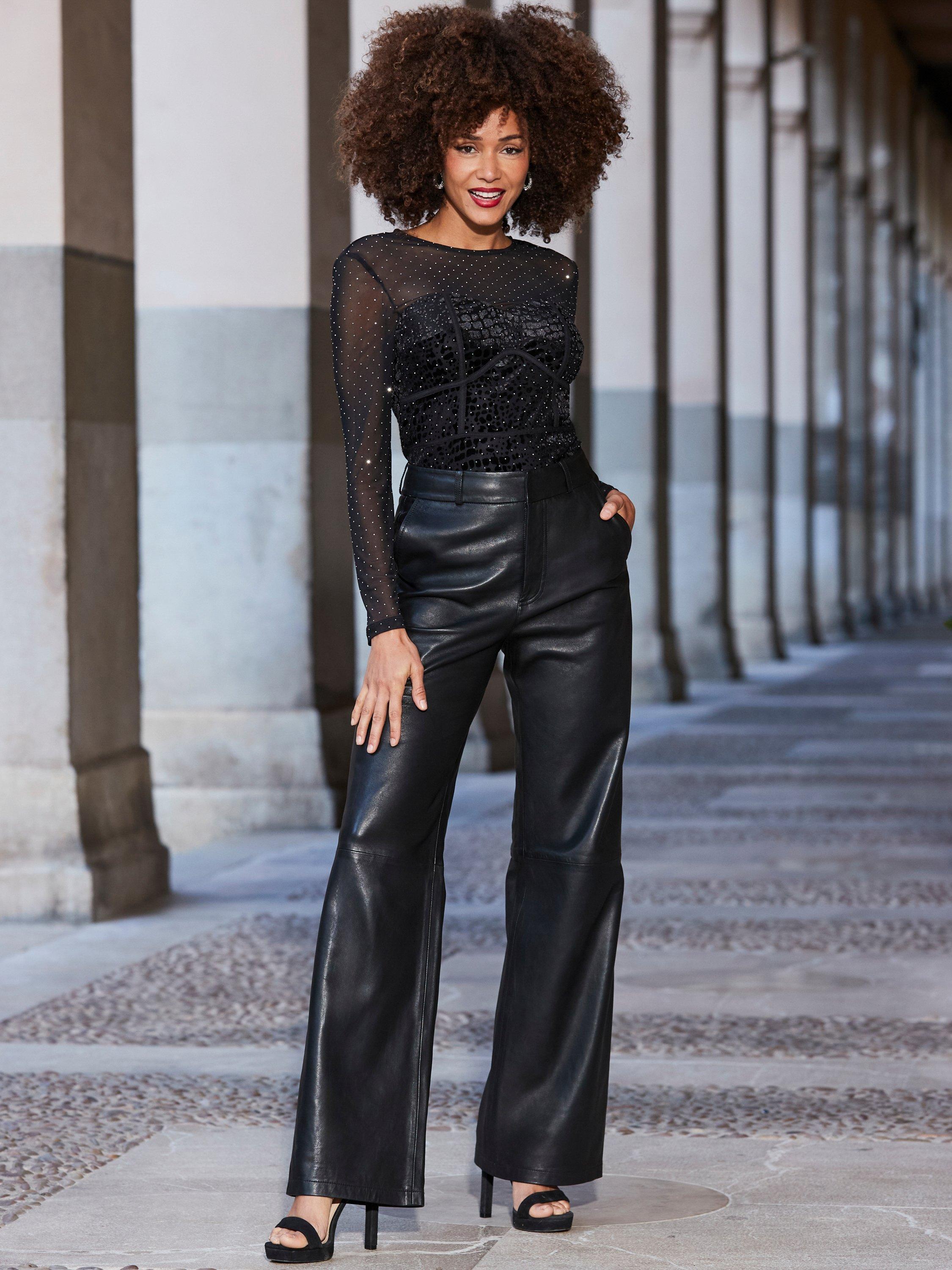 Product image 6 of 6, which shows Sosandar Wide Leg Pure Leather Trousers, Black, 12R
