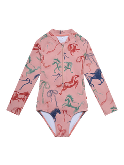 Töastie X Valentina Karnoubi Kids' UV SPF 50+ Long Sleeve Swimsuit, Horses & Ribbons, Horses & Ribbons