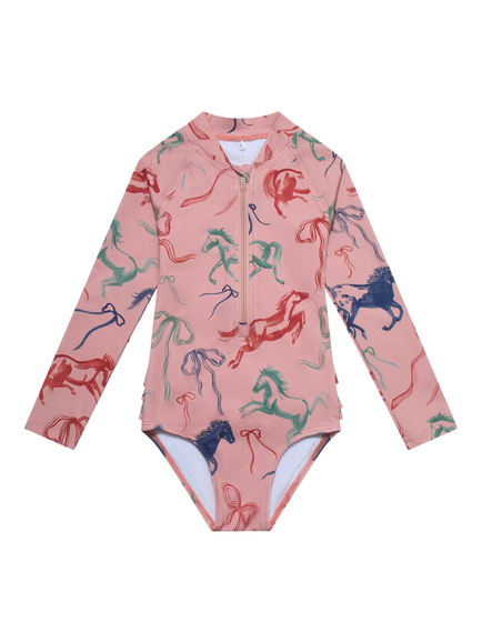 Töastie X Valentina Karnoubi Kids' UV SPF 50+ Long Sleeve Swimsuit, Horses & Ribbons, Horses & Ribbons