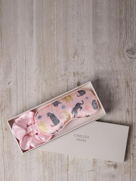 Chelsea Peers Celestial Leopards Satin Eye Mask & Hair Scrunchie Gift Set, Pink, Pink