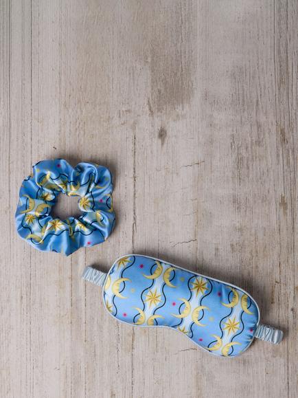 Chelsea Peers Tiled Moon Satin Eye Mask & Hair Scrunchie Gift Set, Blue - view 2, Blue