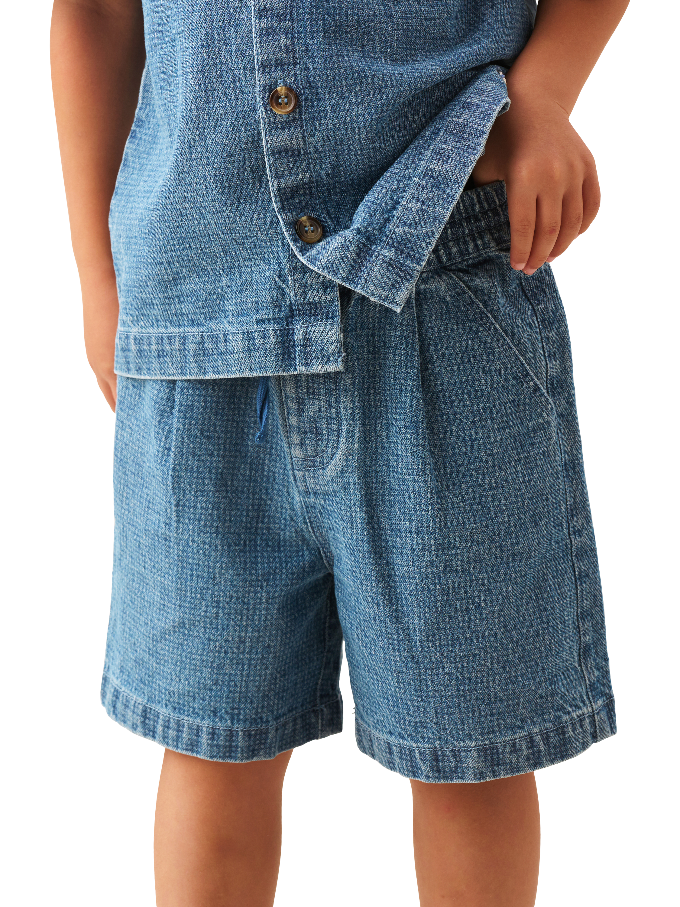 Product image 1 of 7, which shows Angel & Rocket Kids' Denim Jacquard Shorts, Blue, 3 years
