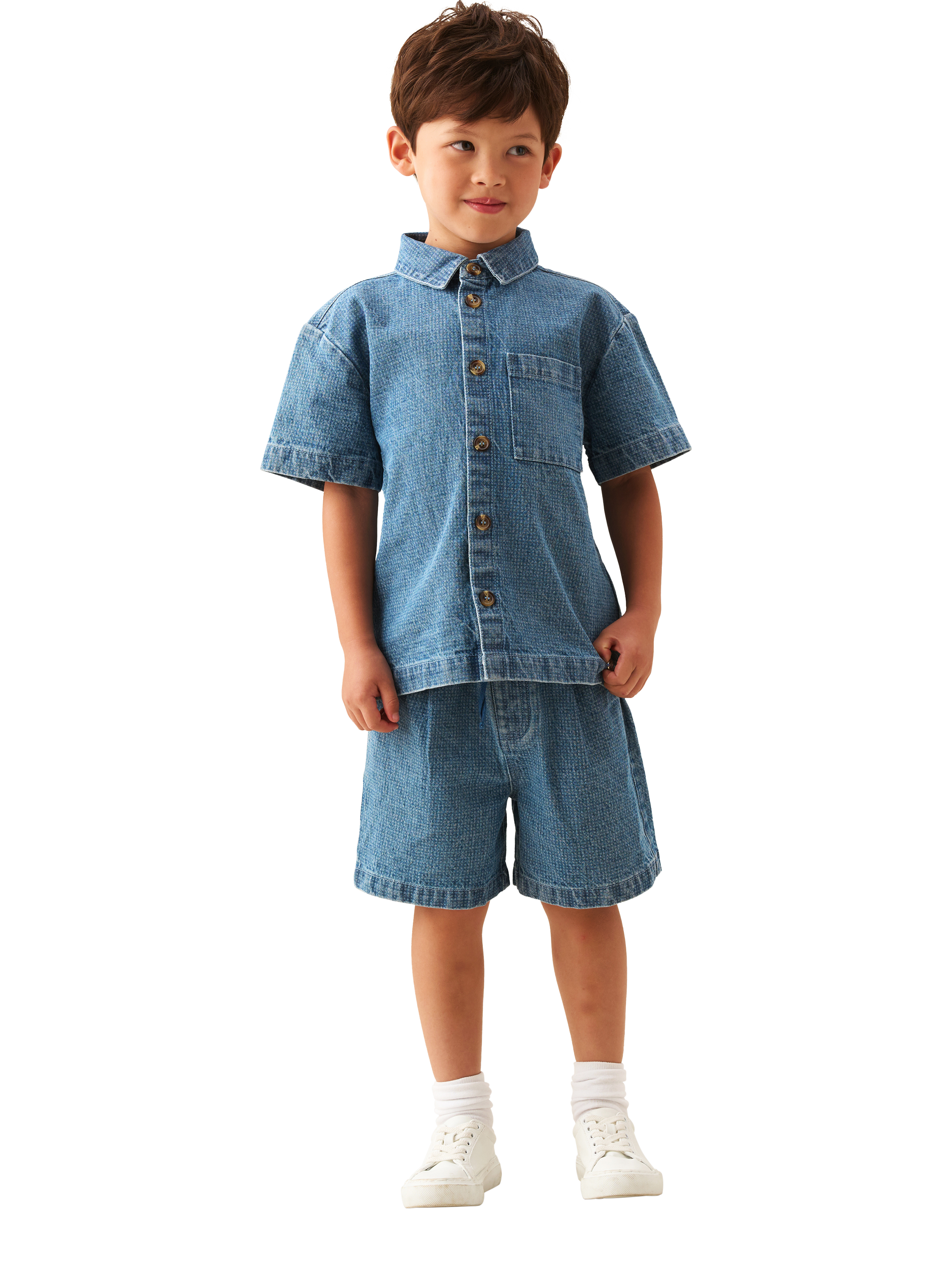 Product image 2 of 7, which shows Angel & Rocket Kids' Denim Jacquard Shorts, Blue, 3 years