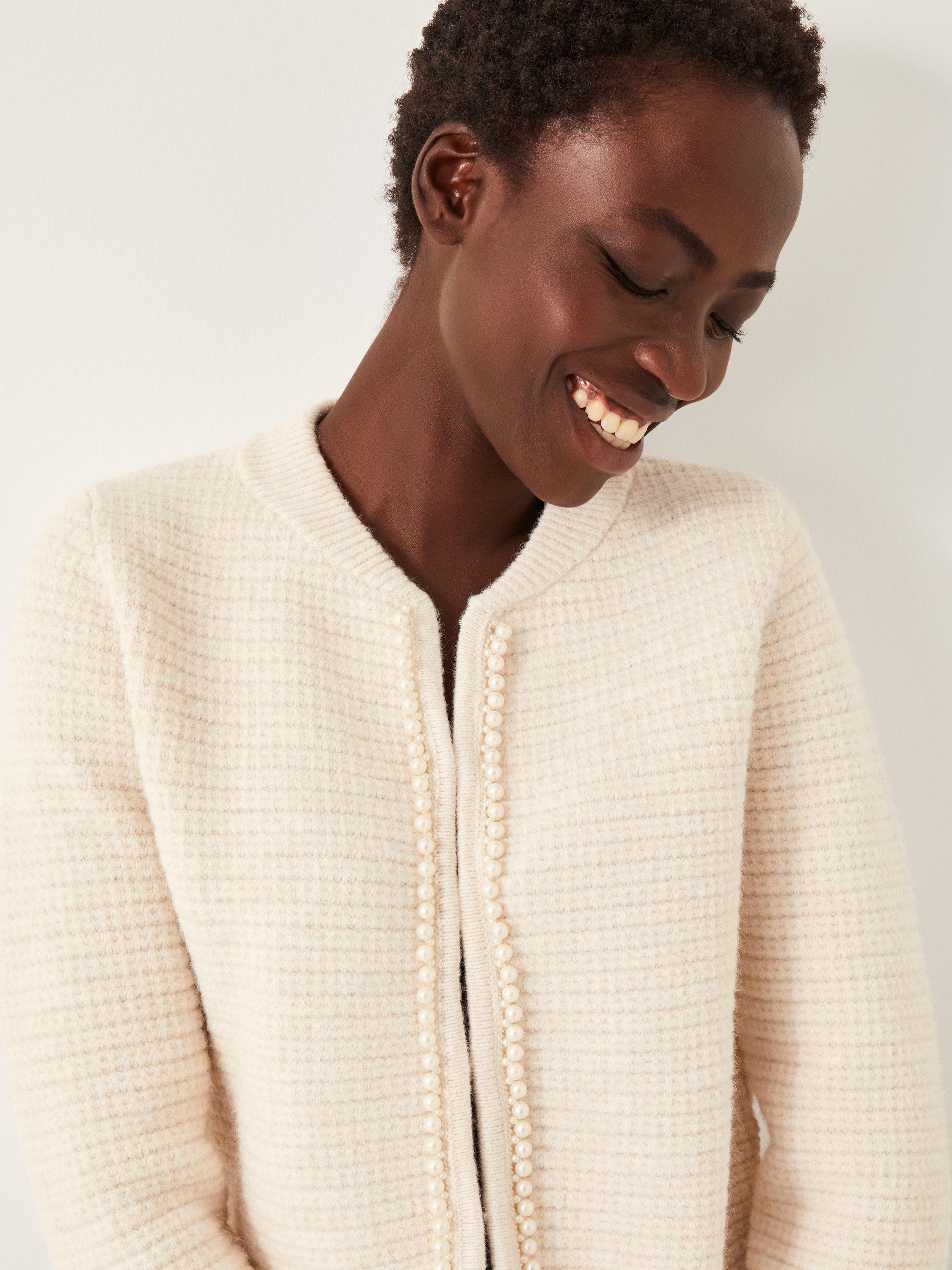 Product image 3 of 5, which shows Monsoon Paula Pearl Embellished Cardigan, Ivory, S