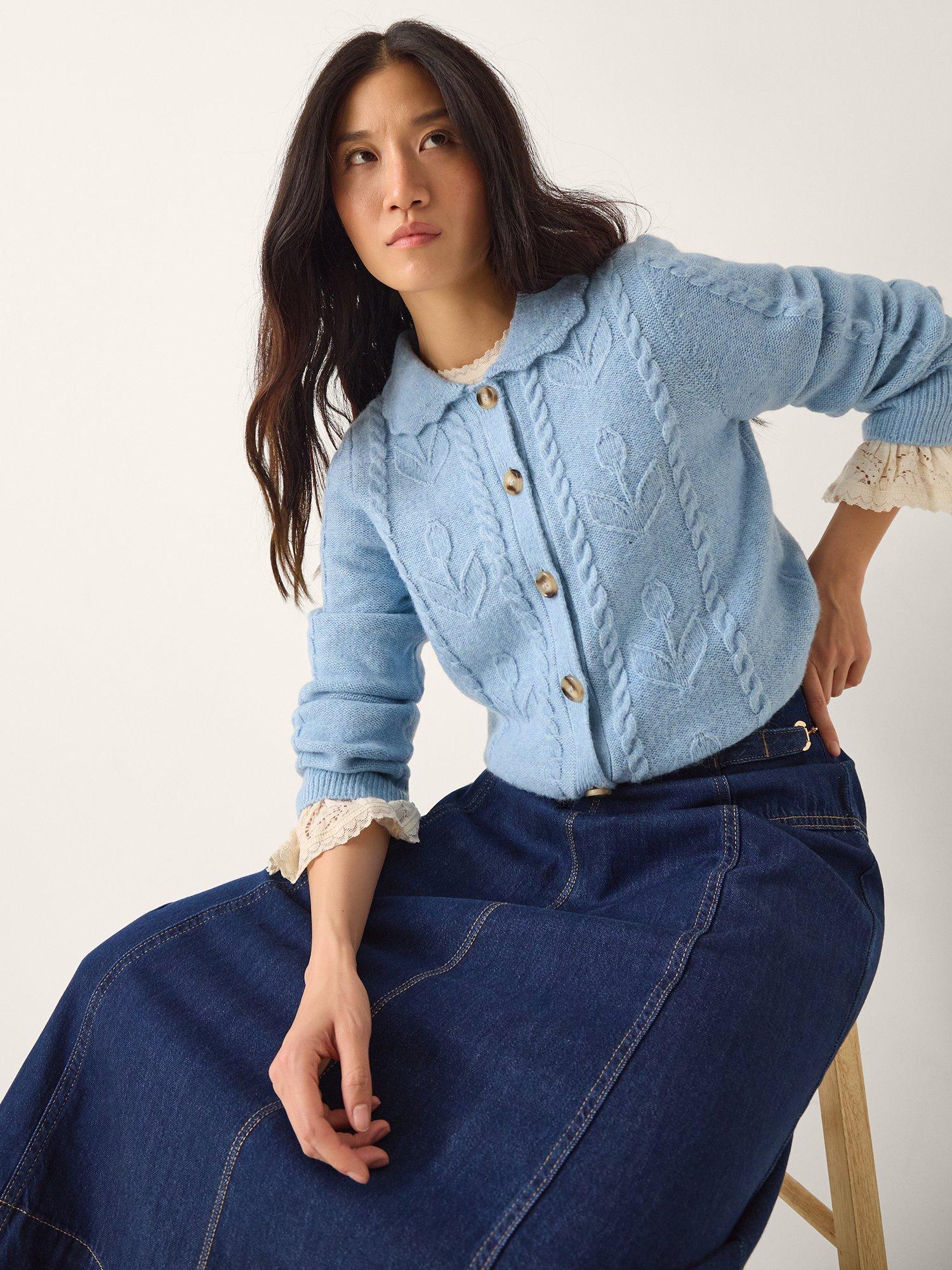 Product image 1 of 5, which shows Monsoon Kat Floral Cable Knit Cardigan, Light Blue, S