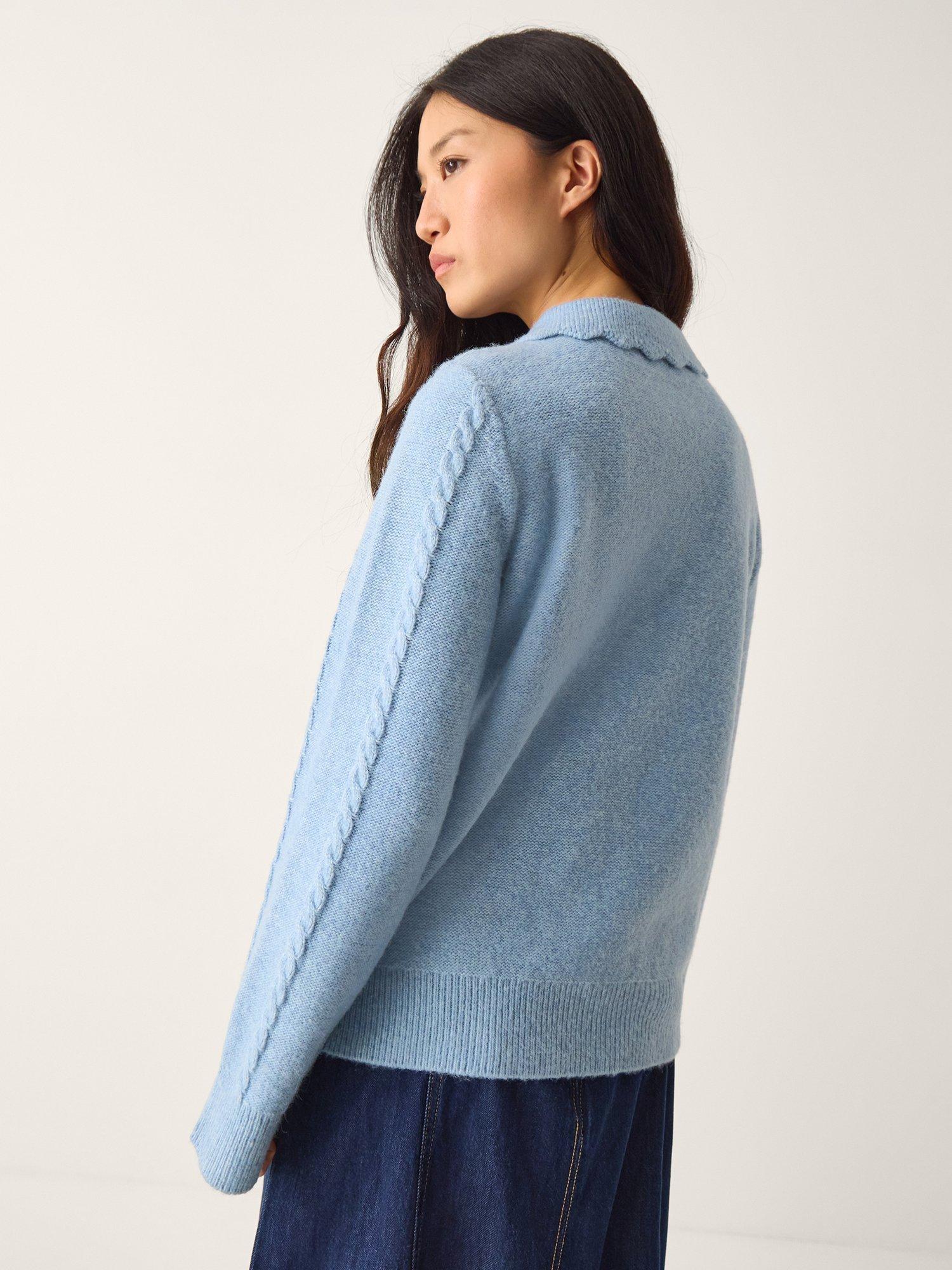 Product image 2 of 5, which shows Monsoon Kat Floral Cable Knit Cardigan, Light Blue, S