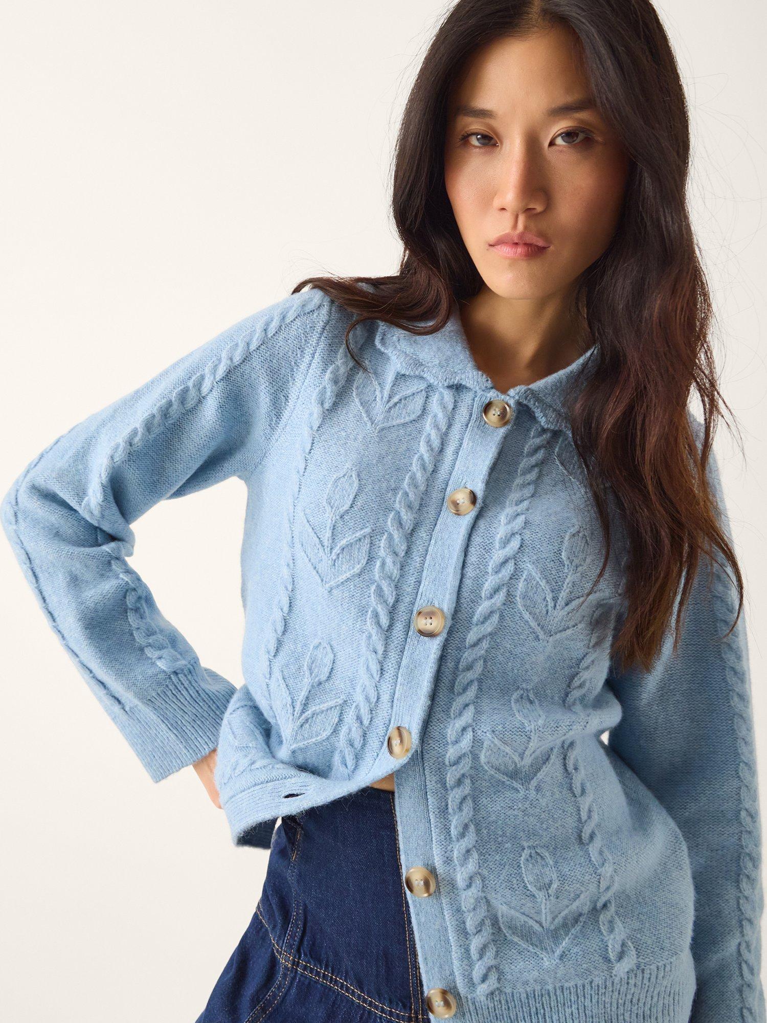 Product image 3 of 5, which shows Monsoon Kat Floral Cable Knit Cardigan, Light Blue, S