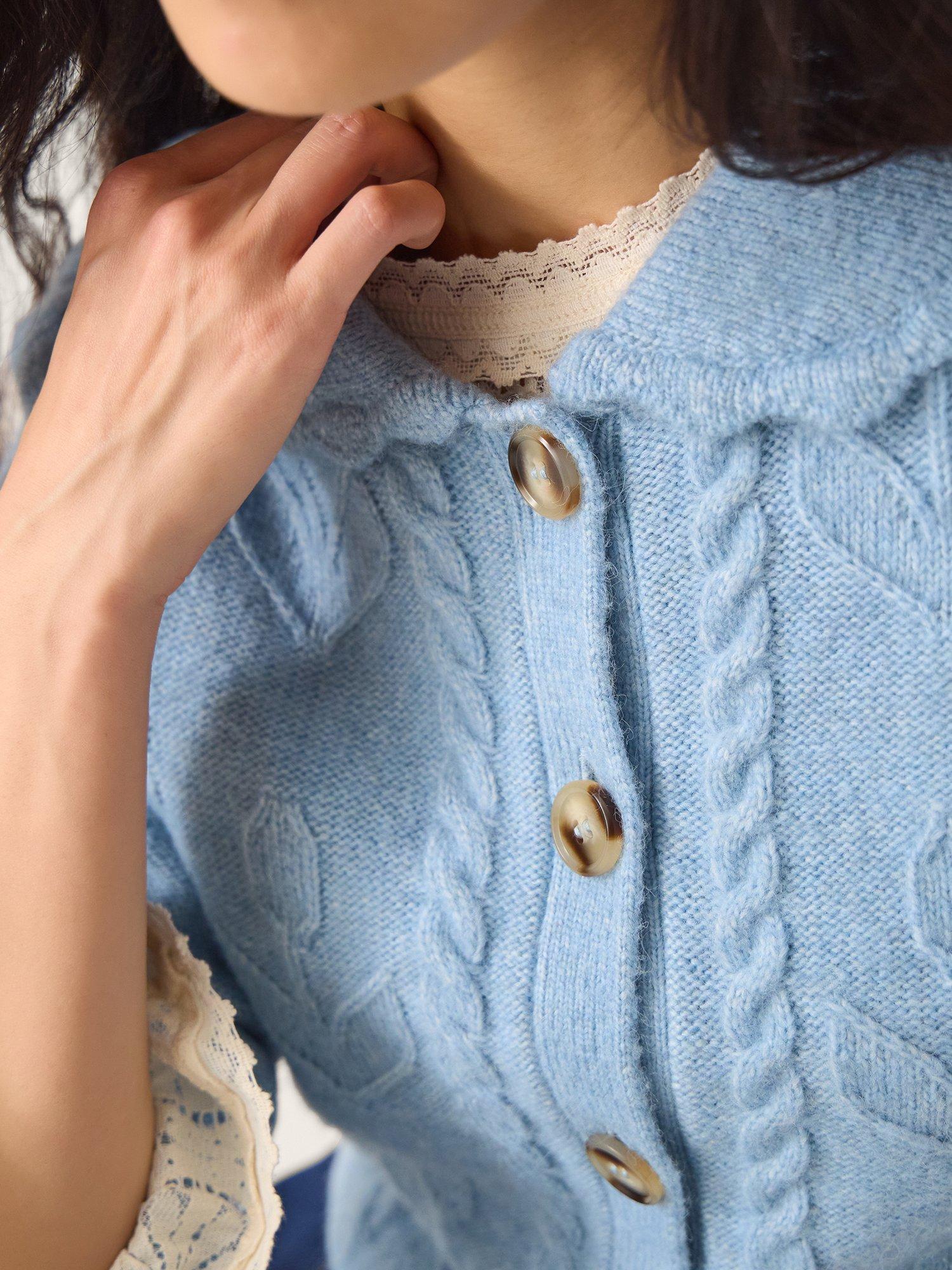 Product image 4 of 5, which shows Monsoon Kat Floral Cable Knit Cardigan, Light Blue, S
