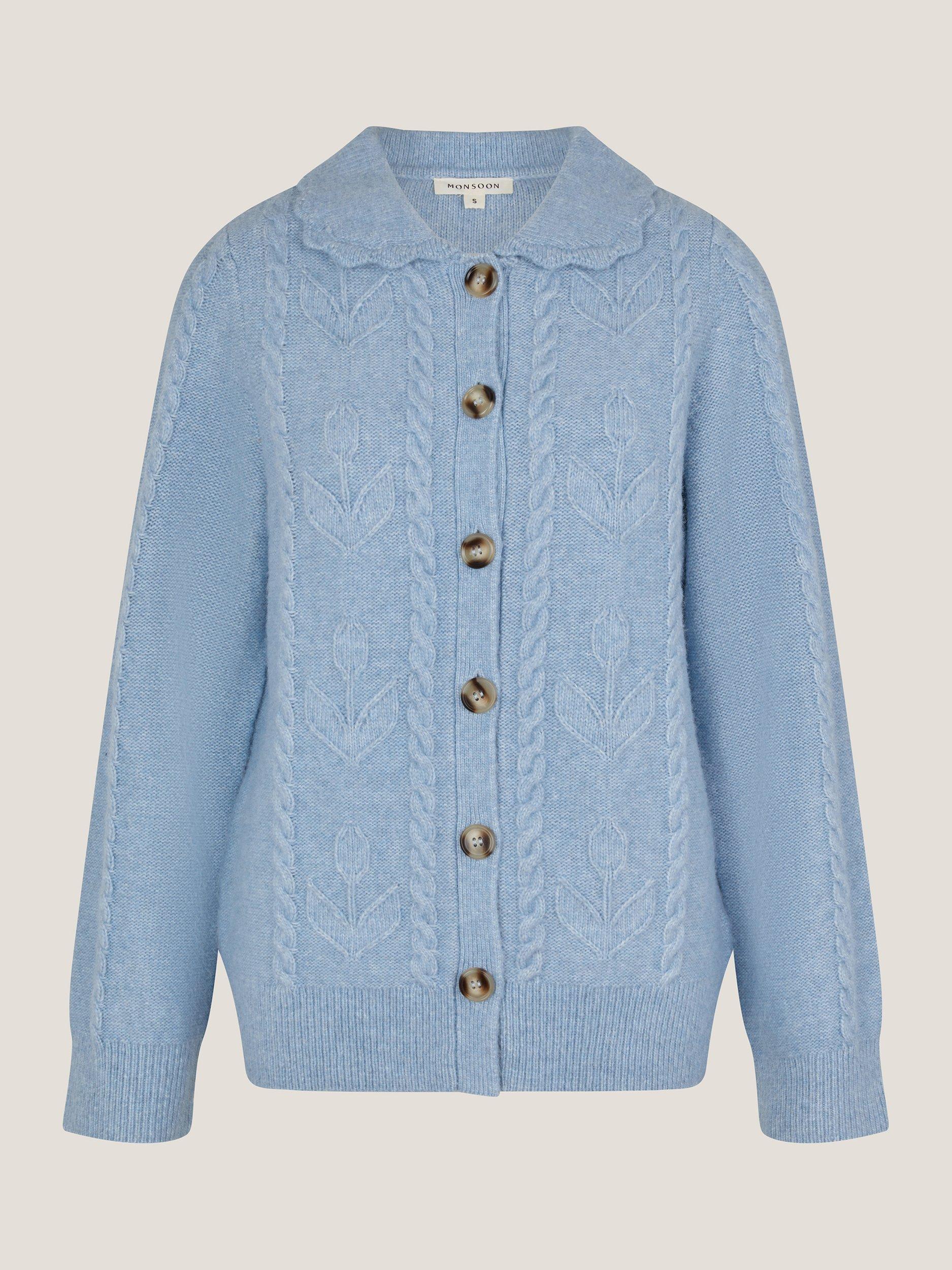 Product image 5 of 5, which shows Monsoon Kat Floral Cable Knit Cardigan, Light Blue, S