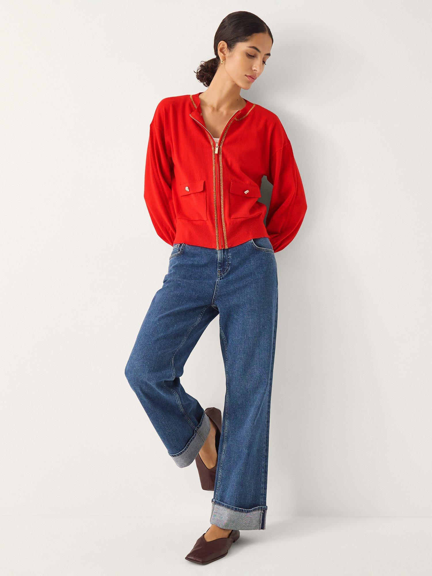 Product image 1 of 5, which shows Monsoon Nolan Knit Bomber Cardigan, Red, S