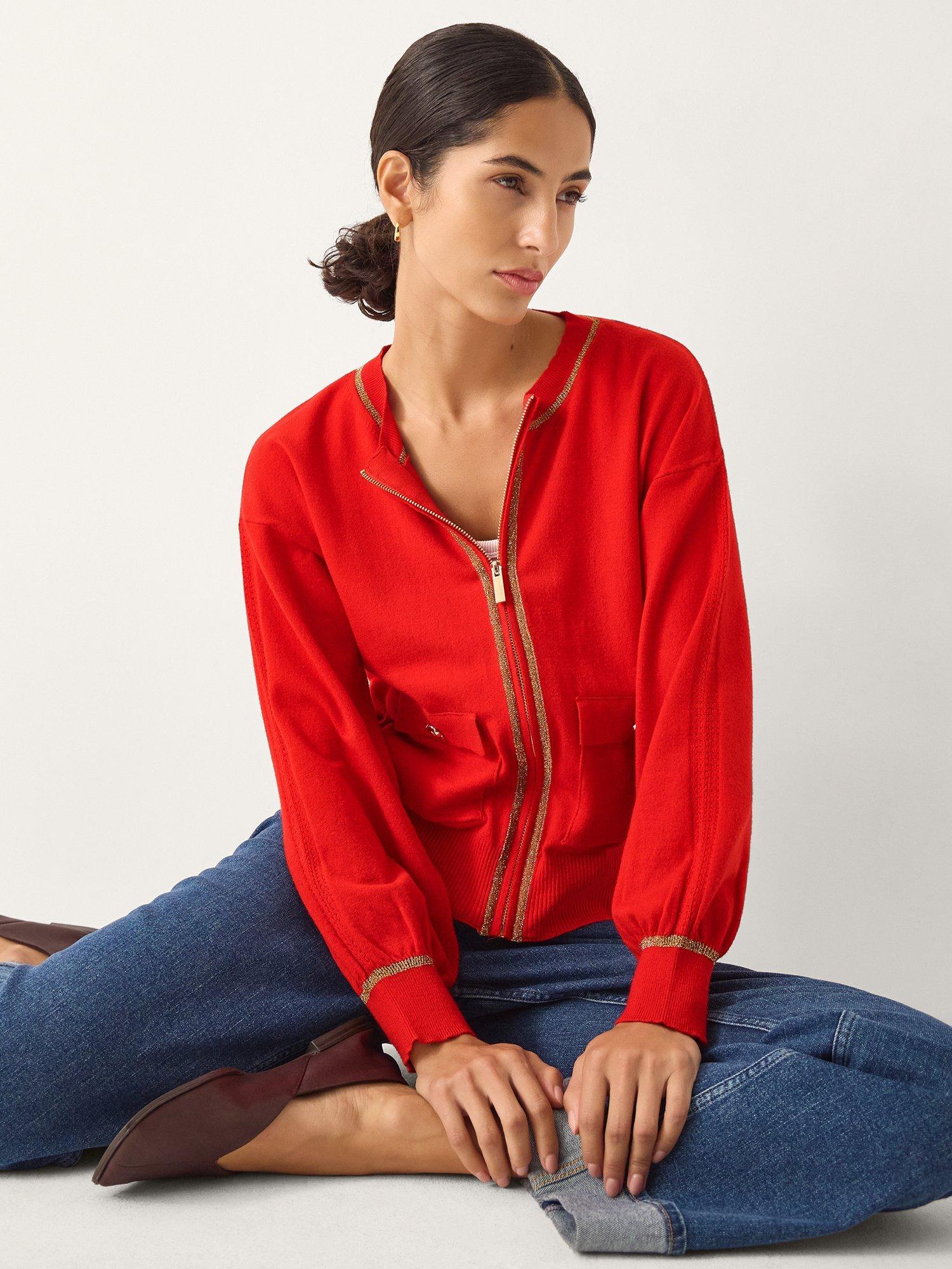 Product image 3 of 5, which shows Monsoon Nolan Knit Bomber Cardigan, Red, S