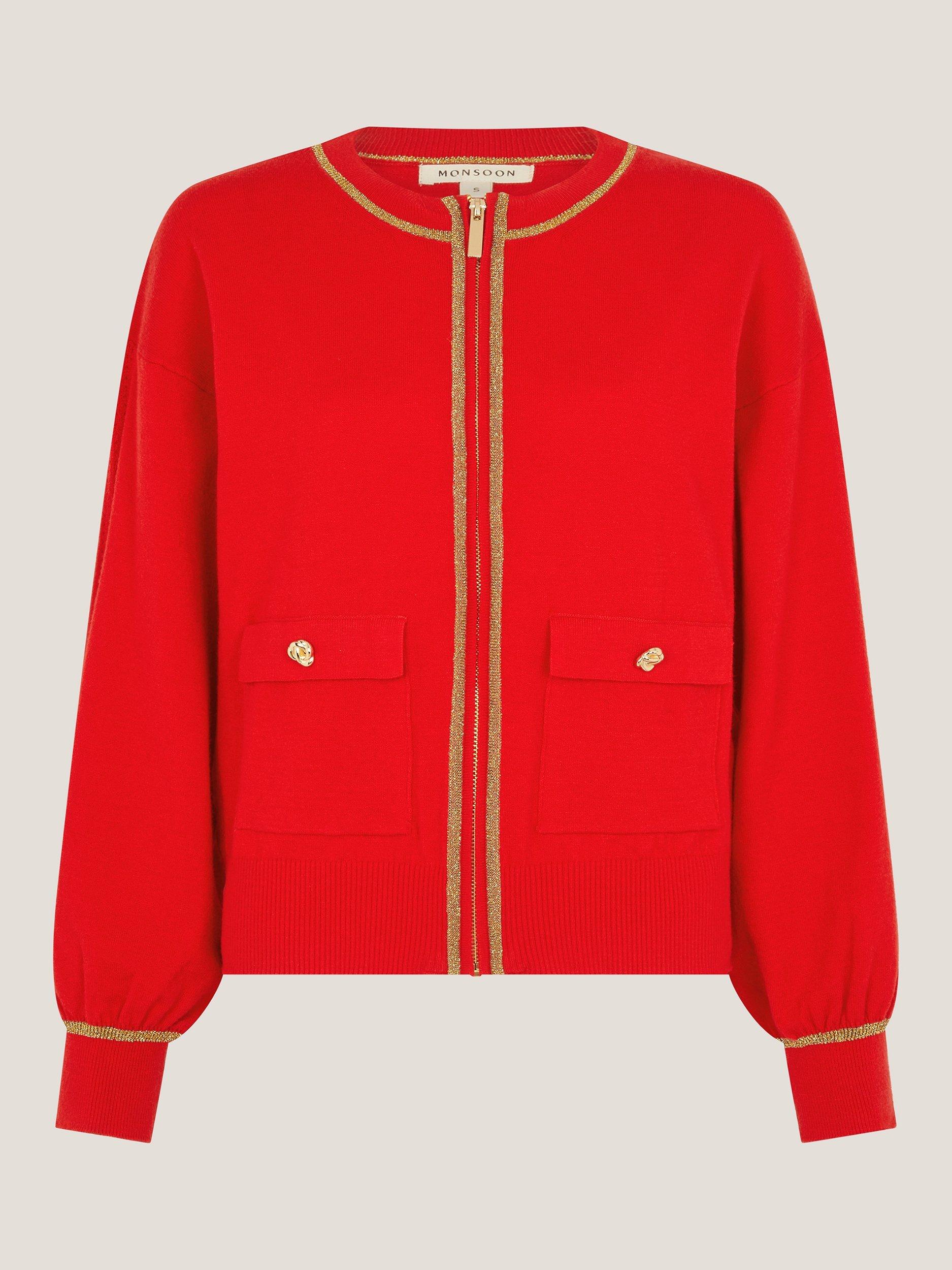 Product image 5 of 5, which shows Monsoon Nolan Knit Bomber Cardigan, Red, S
