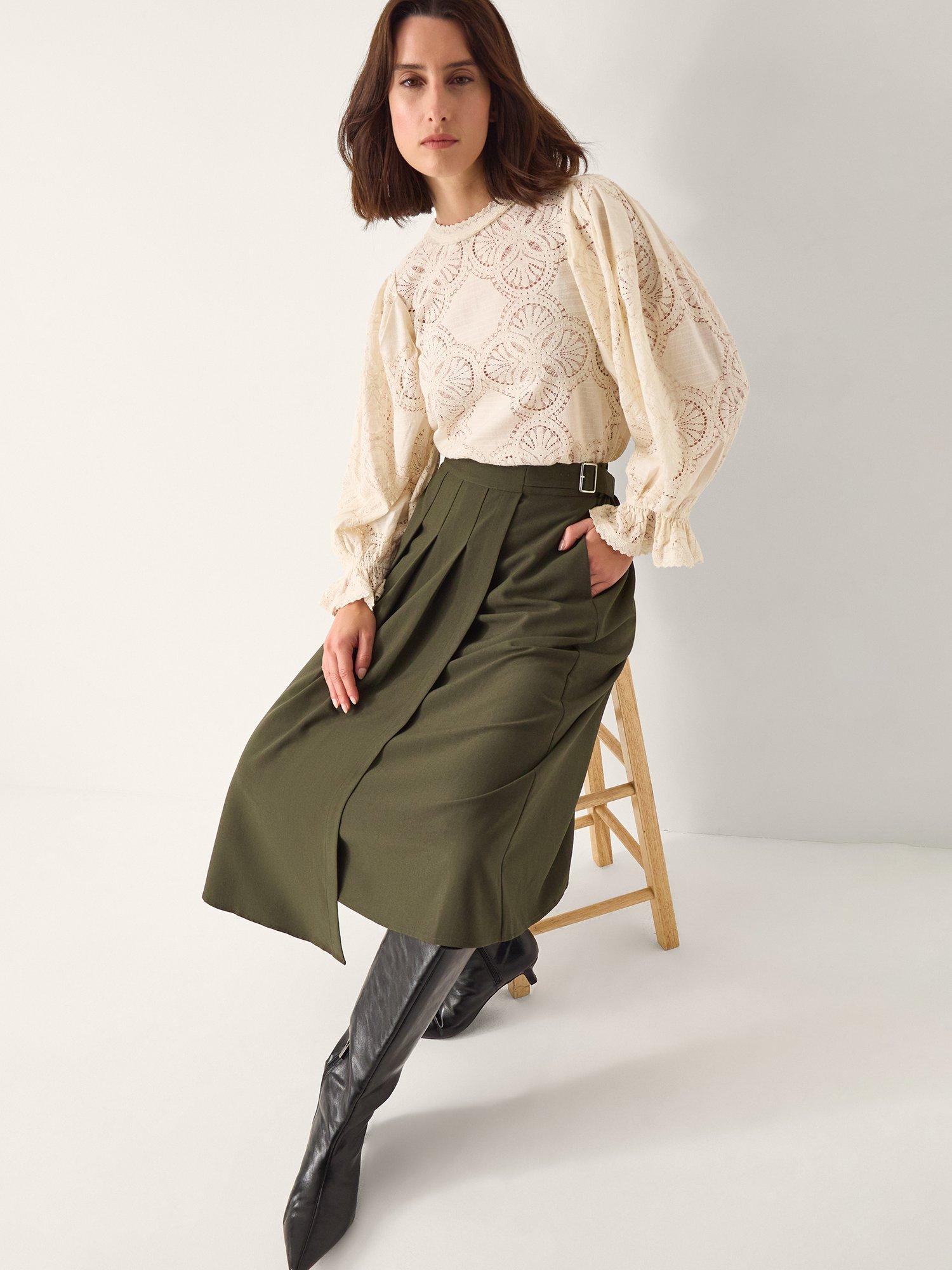 Product image 3 of 6, which shows Monsoon Jillian Kilt Skirt, Khaki, S