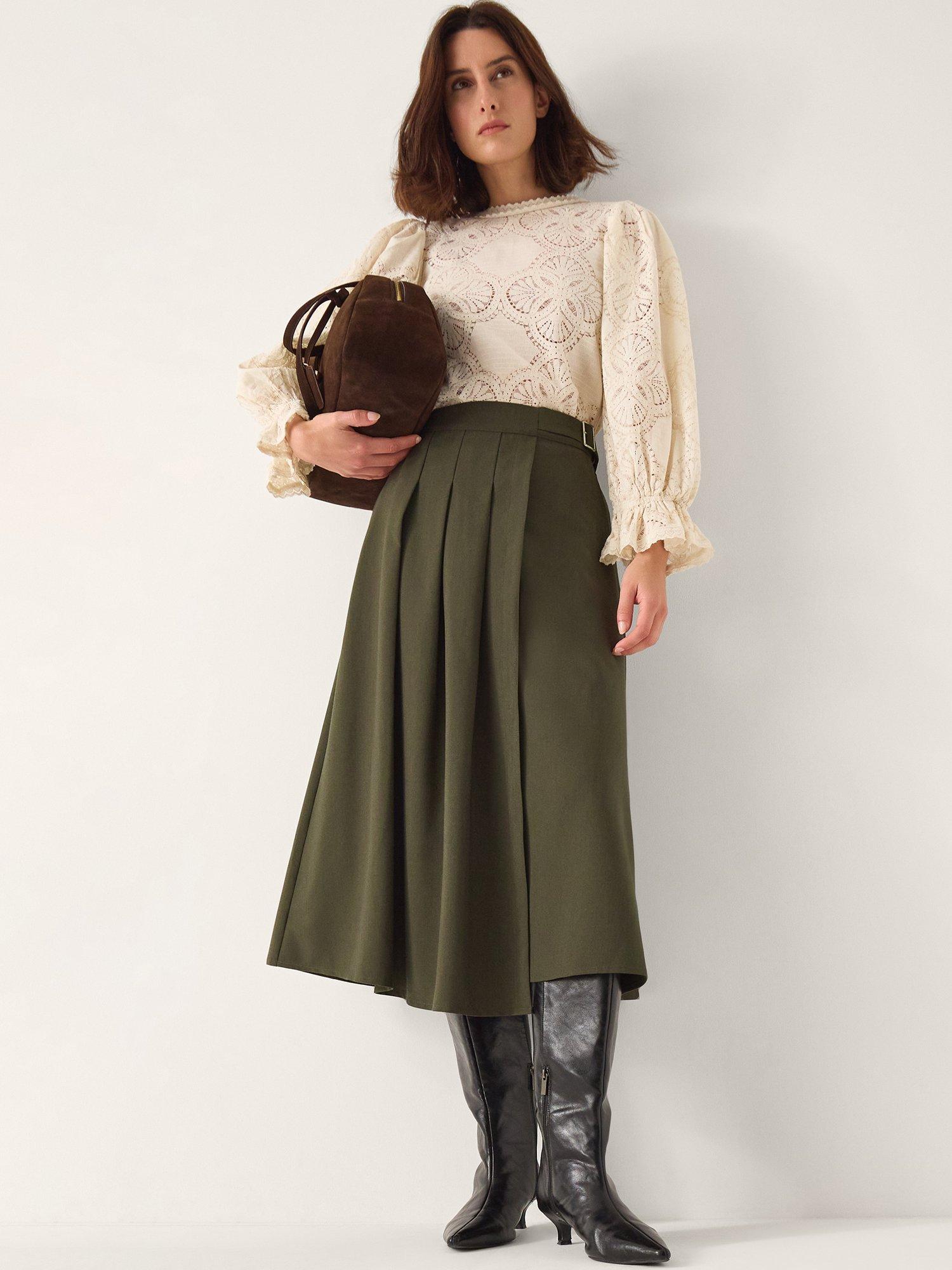 Product image 5 of 6, which shows Monsoon Jillian Kilt Skirt, Khaki, S