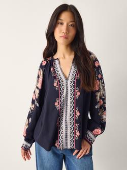 Monsoon Rosalie Floral V-Neck Top containing LENZING™ ECOVERO™ Viscose, Navy, Navy