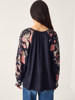 Monsoon Rosalie Floral V-Neck Top containing LENZING™ ECOVERO™ Viscose, Navy - view 2, Navy