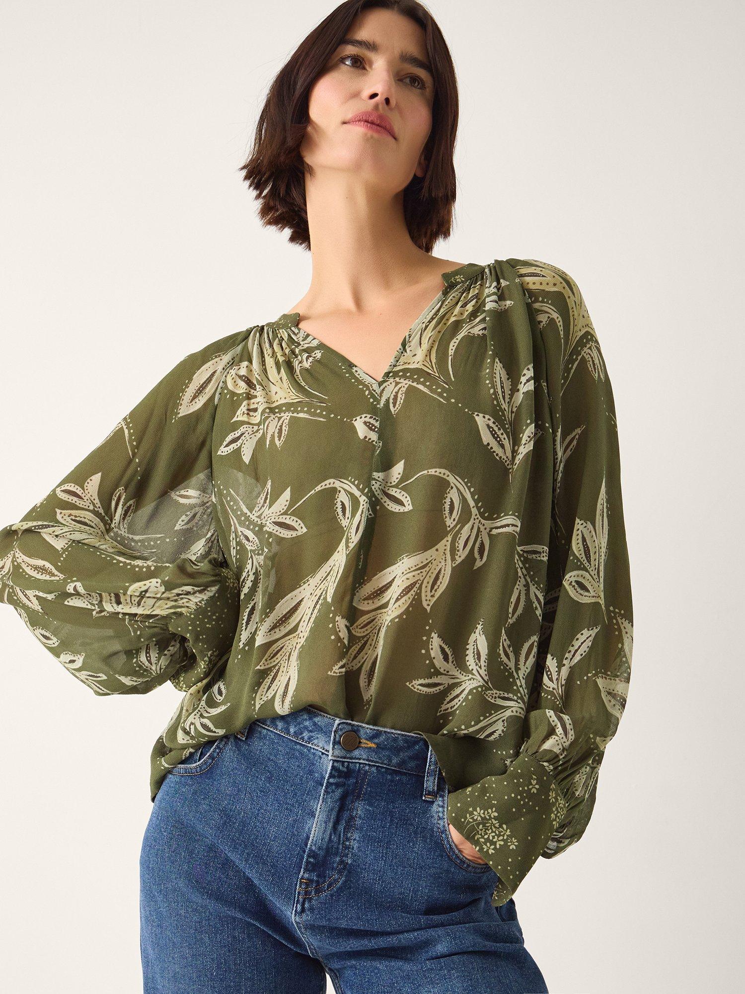 Product image 1 of 5, which shows Monsoon Leona Leaf Print Blouse, Khaki, S