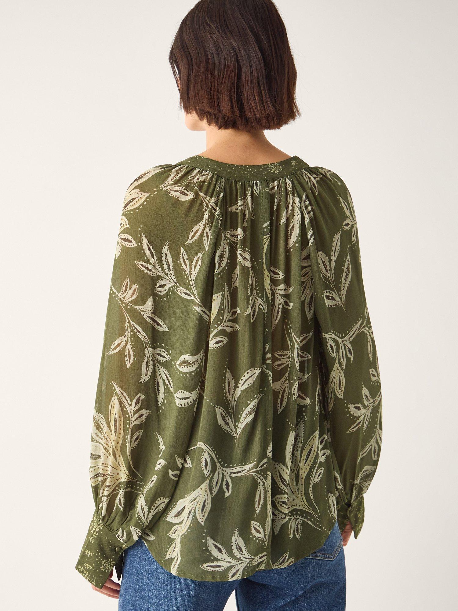 Product image 2 of 5, which shows Monsoon Leona Leaf Print Blouse, Khaki, S