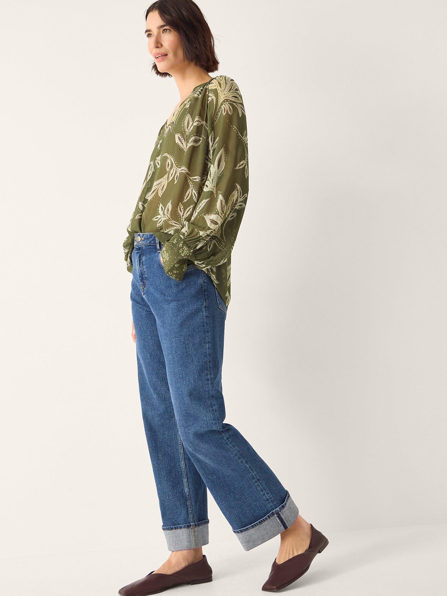 Product image 3 of 5, which shows Monsoon Leona Leaf Print Blouse, Khaki, S