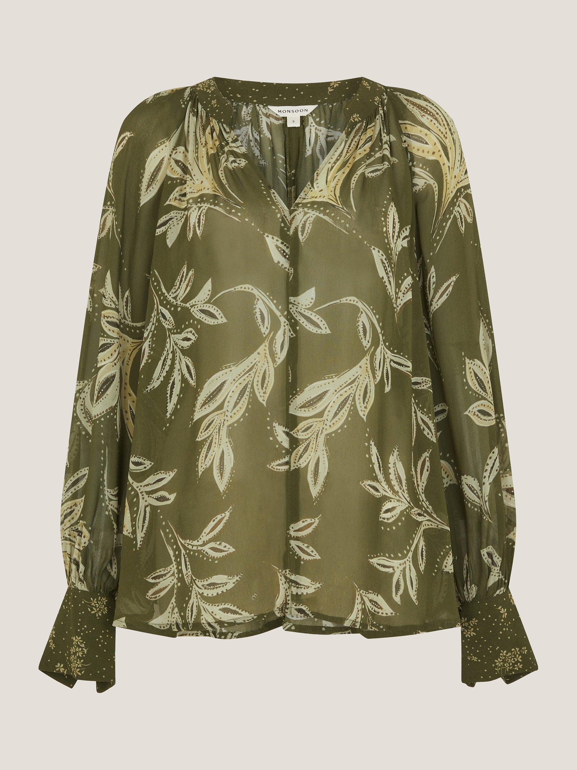 Product image 5 of 5, which shows Monsoon Leona Leaf Print Blouse, Khaki, S