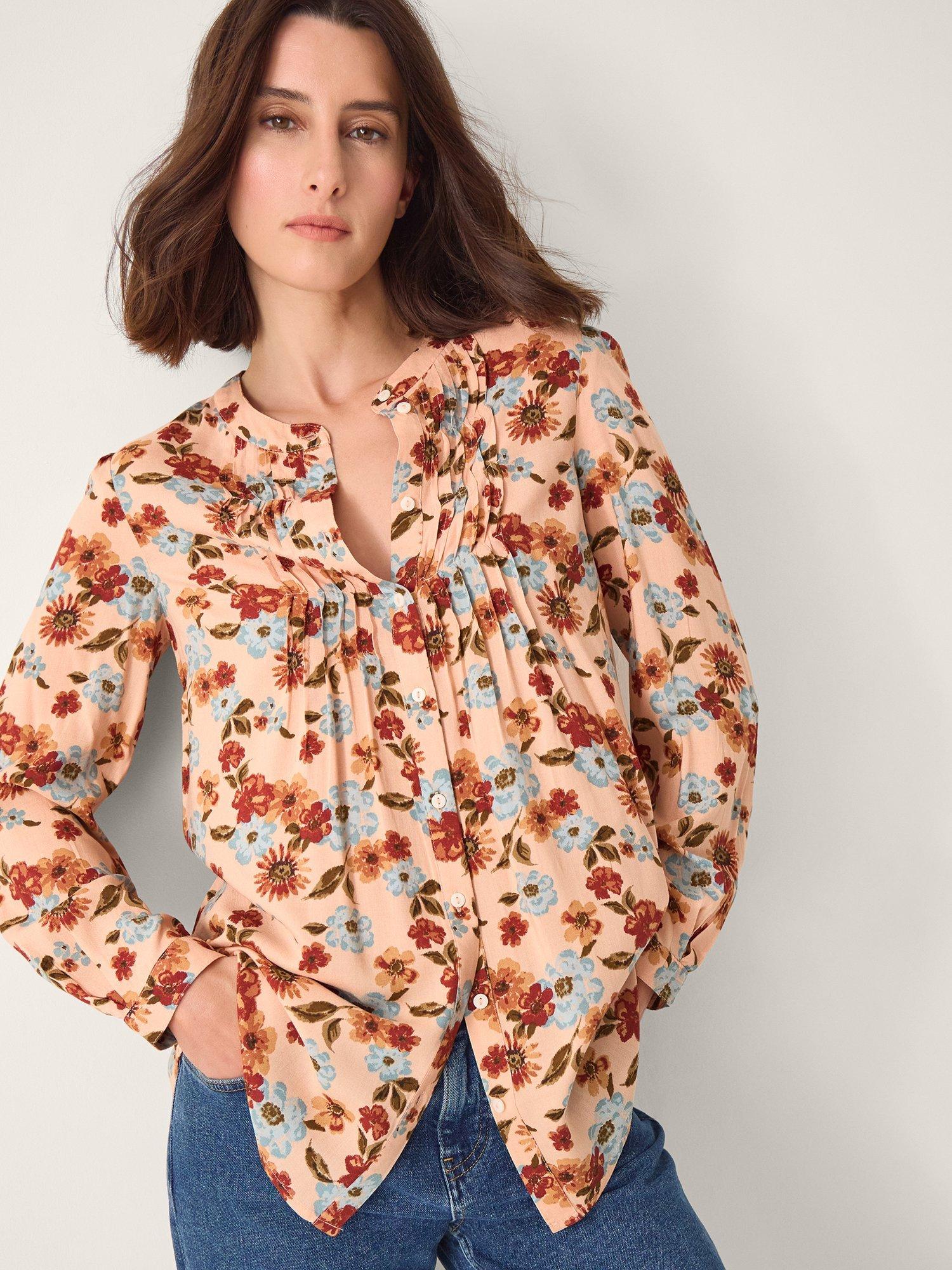 Product image 1 of 5, which shows Monsoon Olive Floral Long Sleeve Shirt, Ivory, S