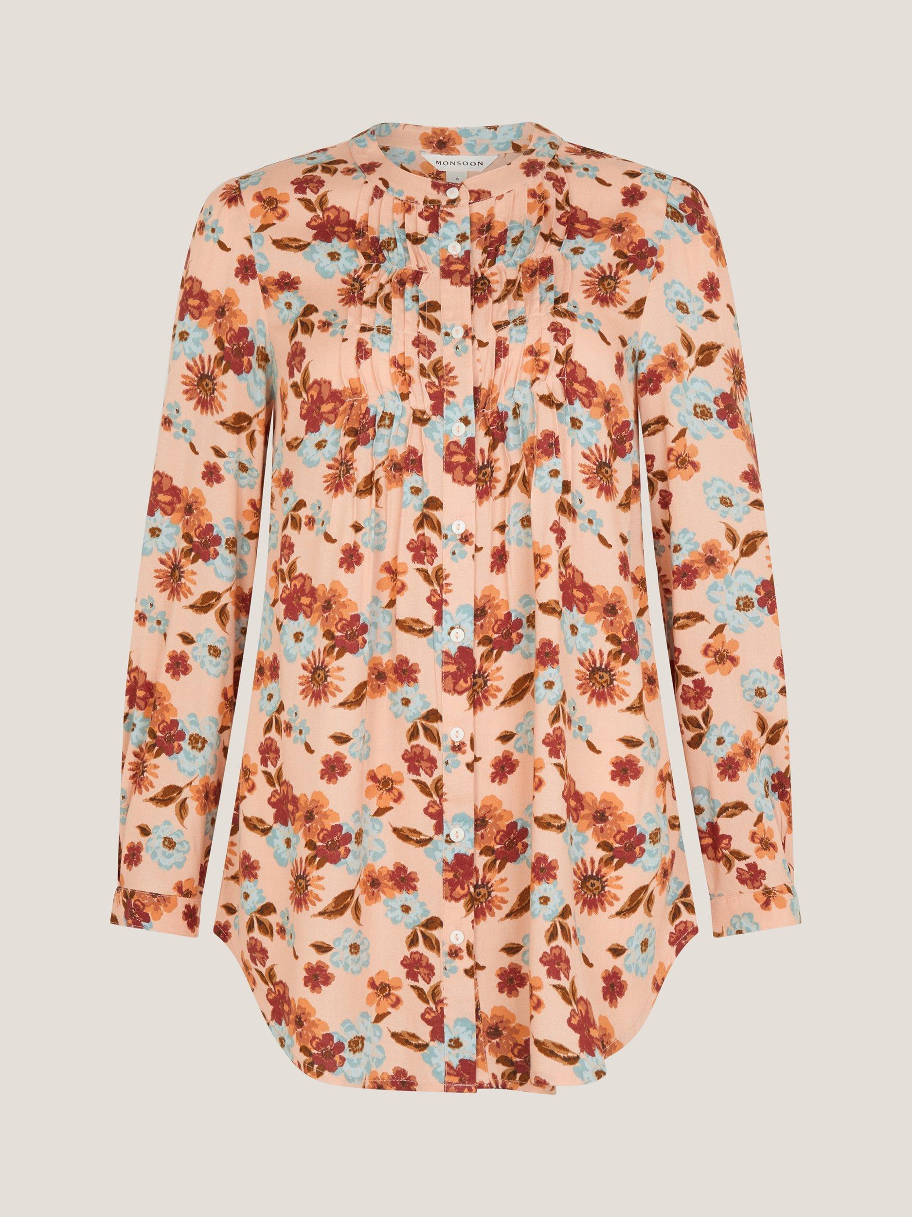 Product image 5 of 5, which shows Monsoon Olive Floral Long Sleeve Shirt, Ivory, S