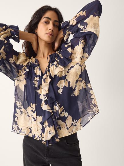 Monsoon Sasha Floral Print Ruffle Blouse, Navy, Navy