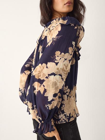 Monsoon Sasha Floral Print Ruffle Blouse, Navy - view 2, Navy