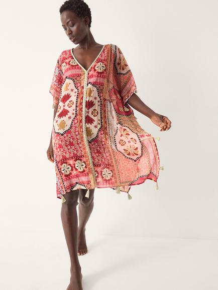 Monsoon Patti Tile Print Mini Kaftan, Dark Pink, Dark Pink