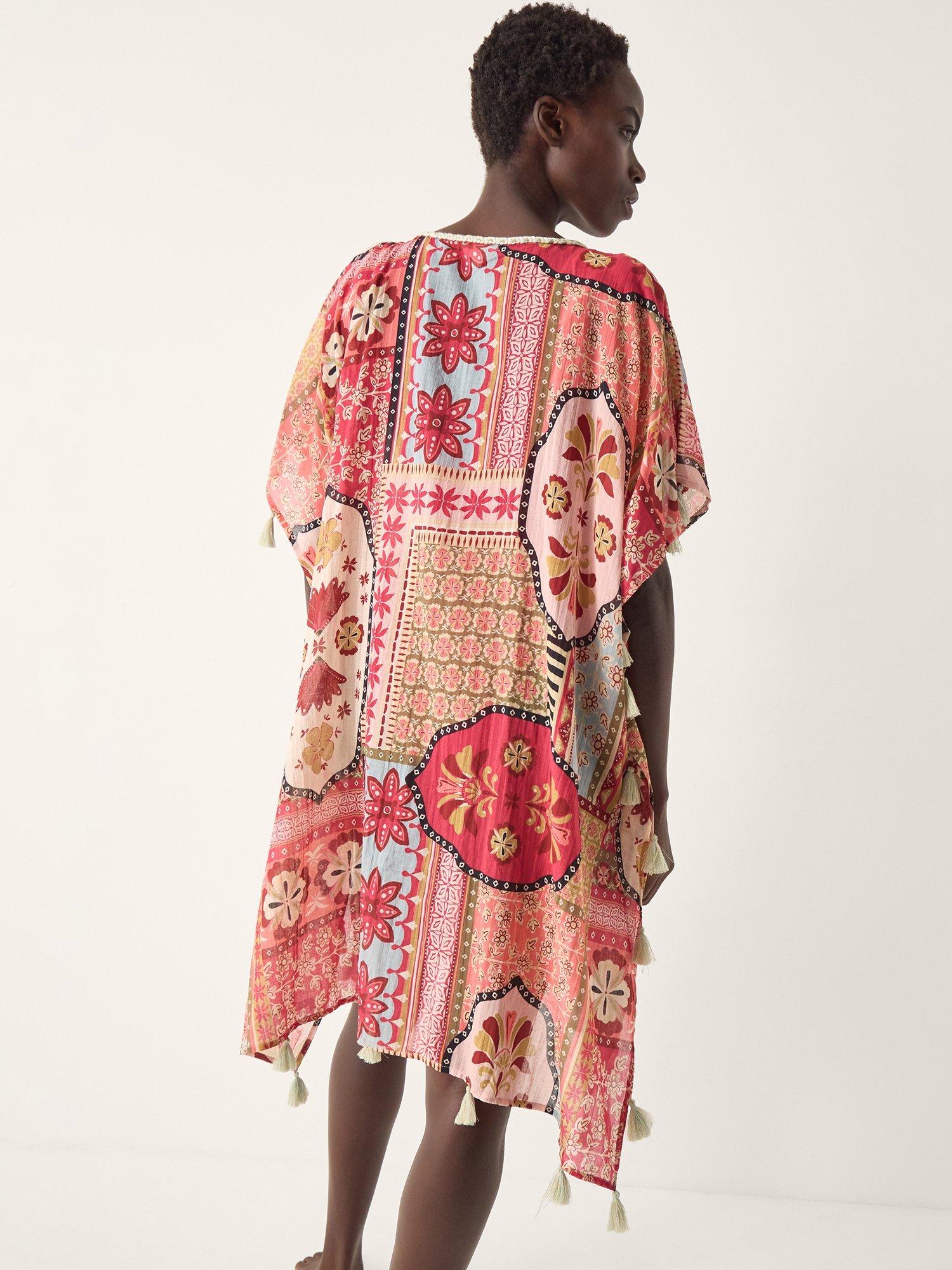 Product image 2 of 4, which shows Monsoon Patti Tile Print Mini Kaftan, Dark Pink, S