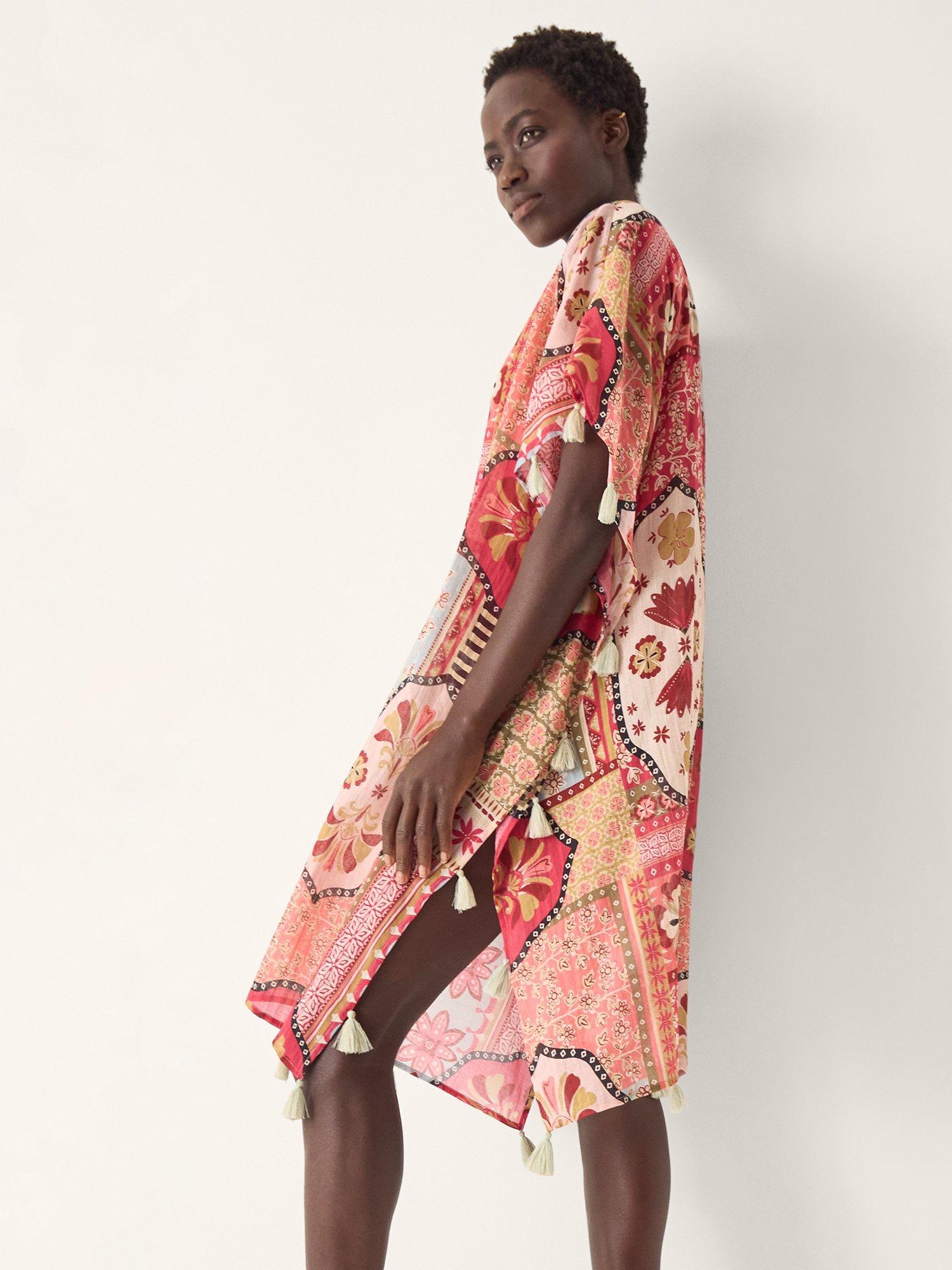 Product image 3 of 4, which shows Monsoon Patti Tile Print Mini Kaftan, Dark Pink, S