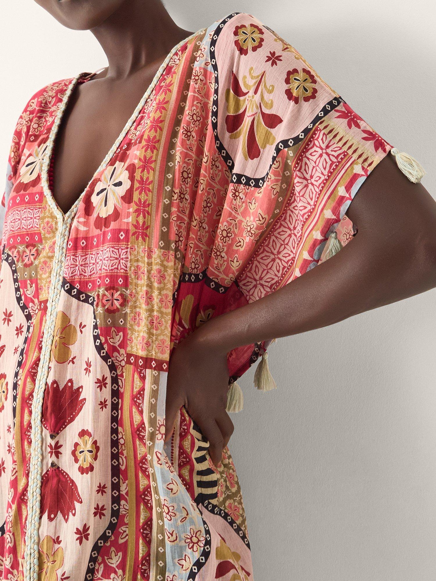 Product image 4 of 4, which shows Monsoon Patti Tile Print Mini Kaftan, Dark Pink, S