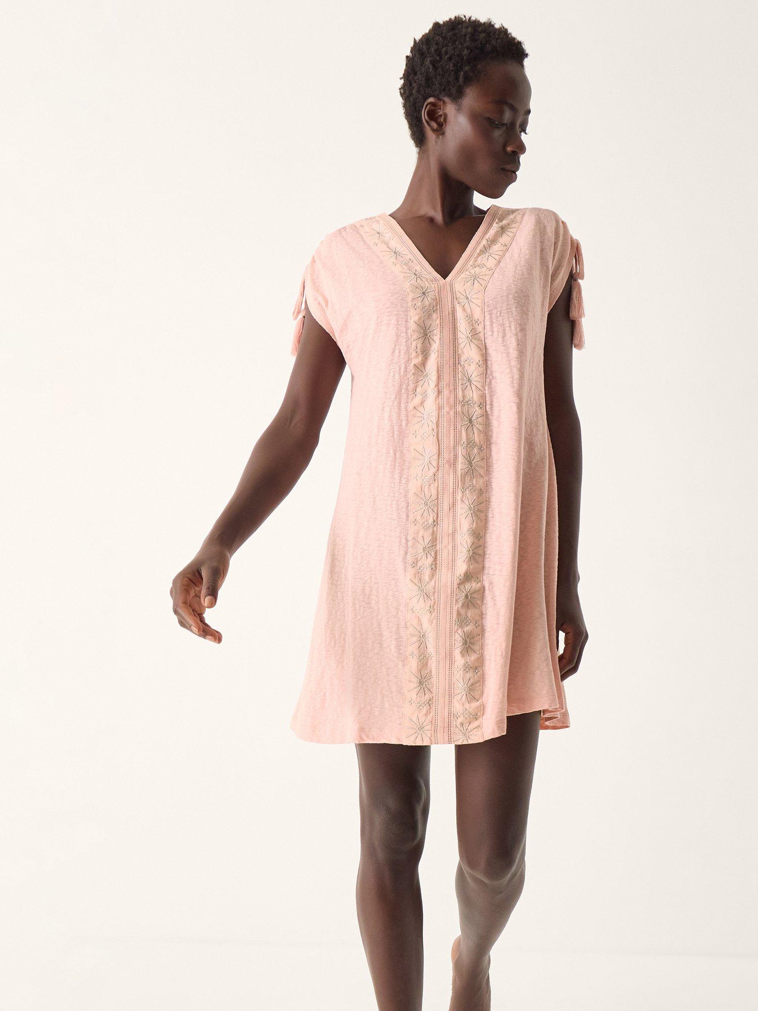 Product image 1 of 4, which shows Monsoon Julie Embroidered Mini Kaftan, Pink, S