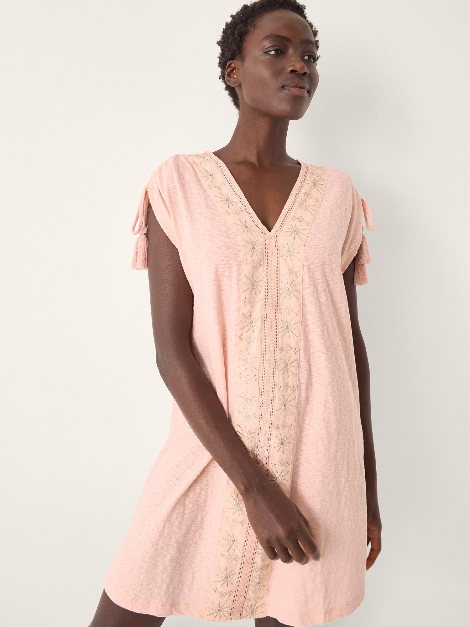 Product image 3 of 4, which shows Monsoon Julie Embroidered Mini Kaftan, Pink, S