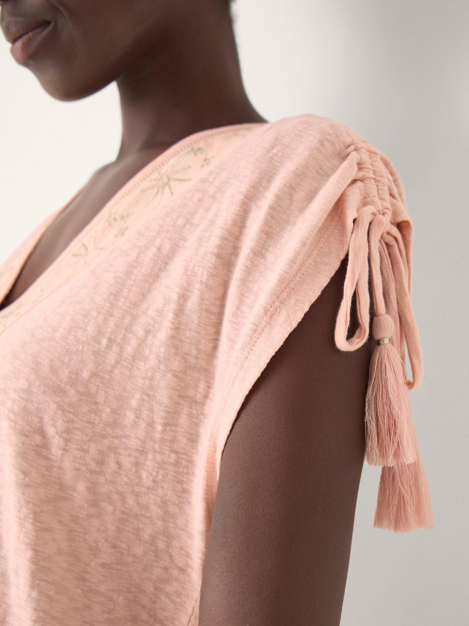 Product image 4 of 4, which shows Monsoon Julie Embroidered Mini Kaftan, Pink, S