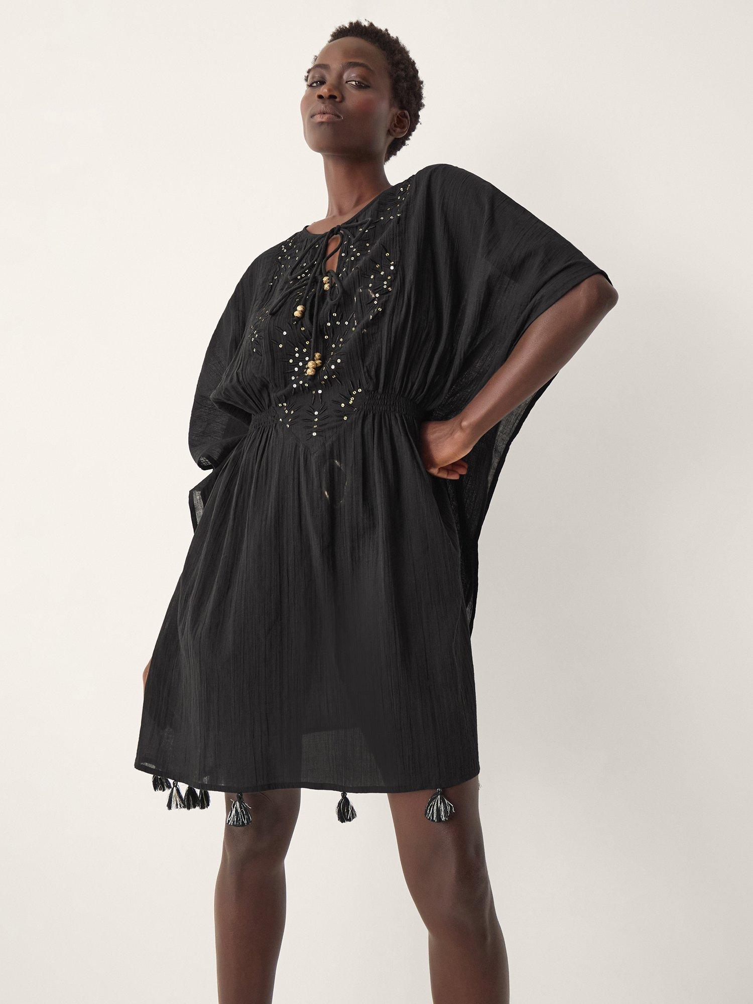 Product image 1 of 5, which shows Monsoon Jada Embellished Mini Kaftan, Black, S